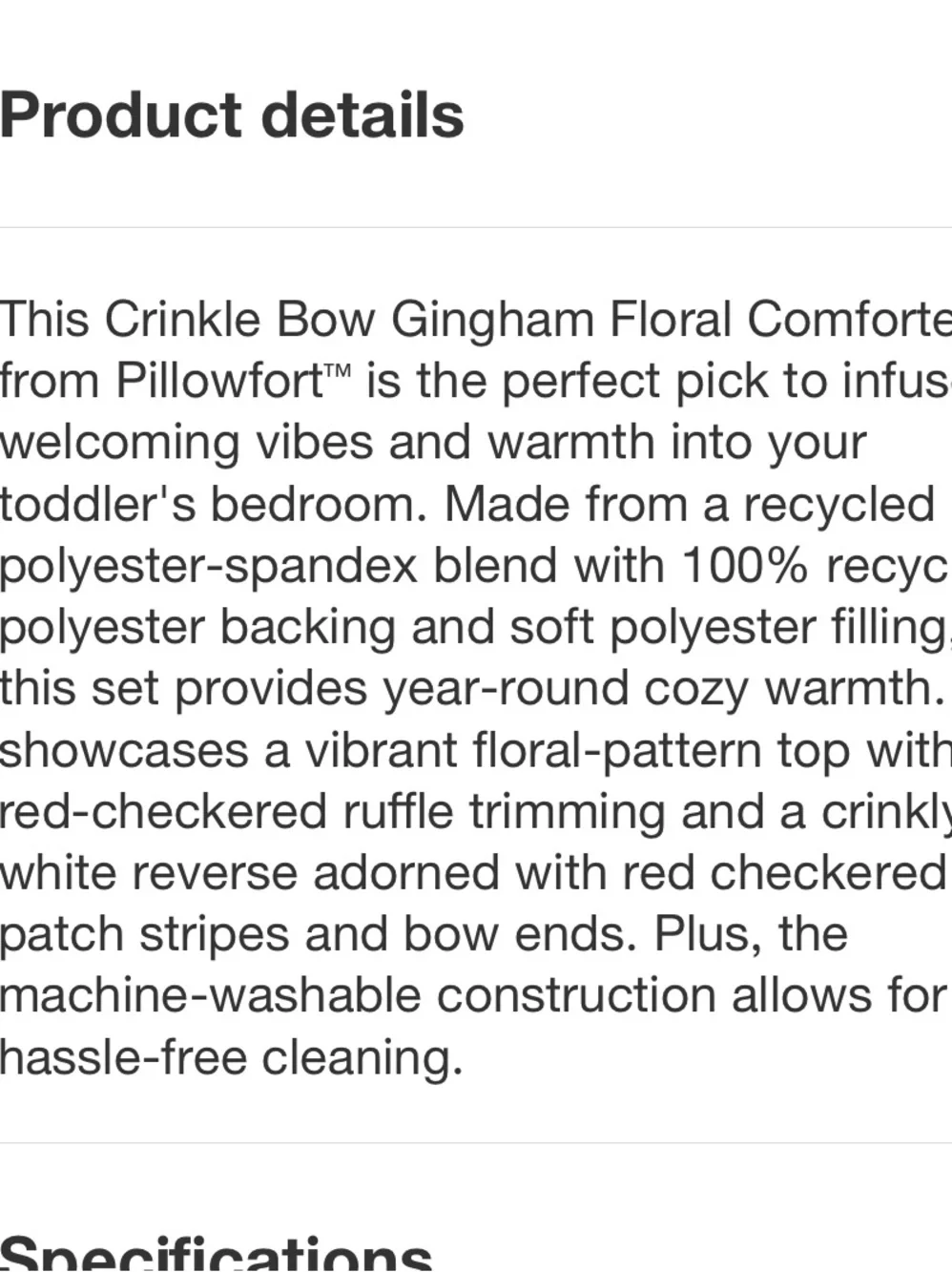 PILLOWFORT NWT Toddler Crinkle Bow Gingham Floral Kids' Comforter -multi